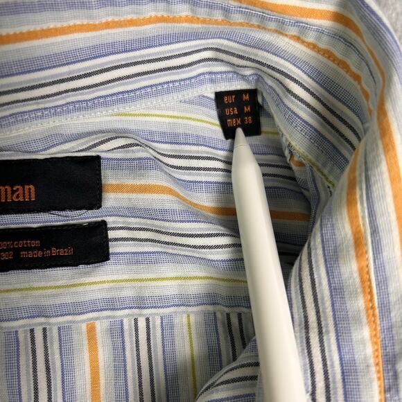 Zara Man Button Up Shirt Mens Medium Blue Orange 100% Cotton Striped Fall Formal - Picture 4 of 7